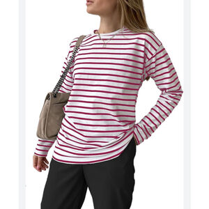NEW Striped Long Sleeve Cotton Shirt Crewneck Loose Fit M